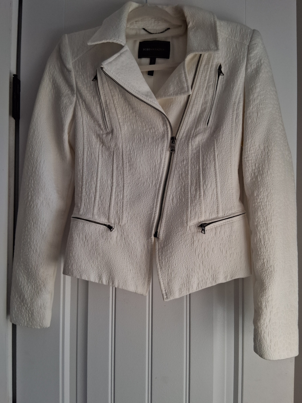 BCBG Maxazria.Textured White Moto Jacket with Asymmetric Zip
